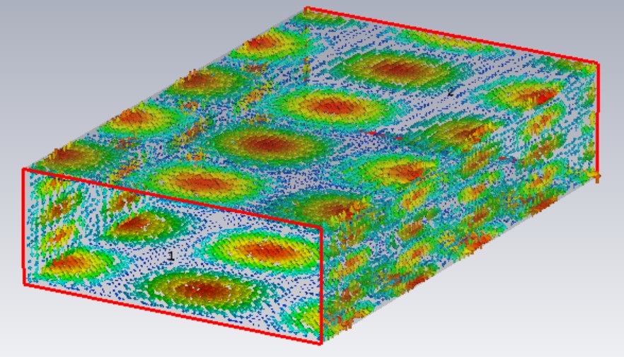 CST view of a rectangular waveguide with the surface currents of the TE2,4 mode drawn on its walls
