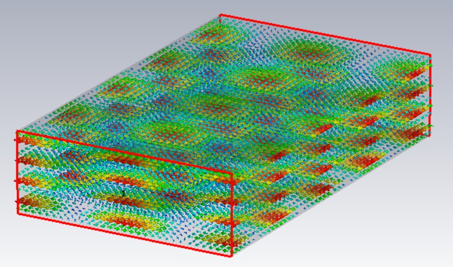 CST view of the rectangular waveguide with the electric field of the TE2,4 mode drawn as coloured arrows in a regular pattern of maxima